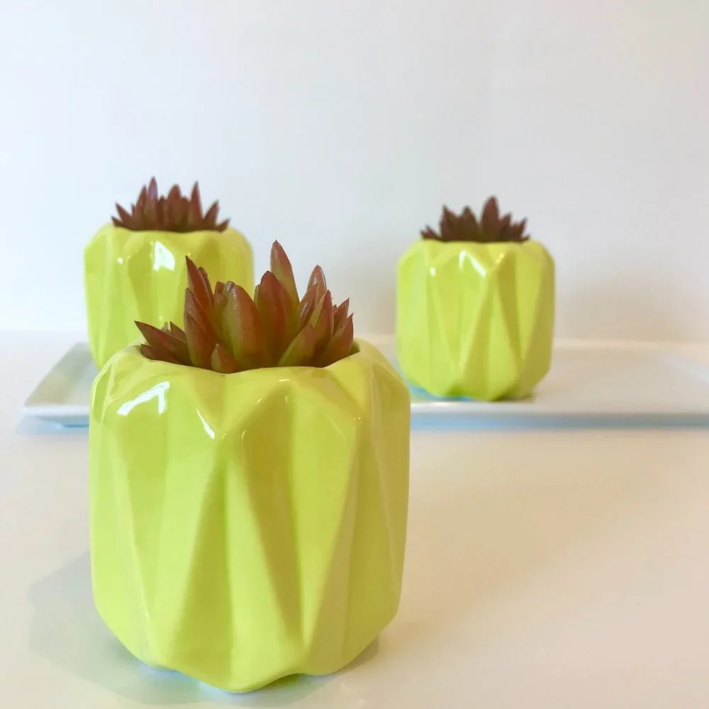 MCM Geometric Neon Lime Green Ceramic Succulent Pot Mid Century Modern Vase Geo - Picture 2 of 5